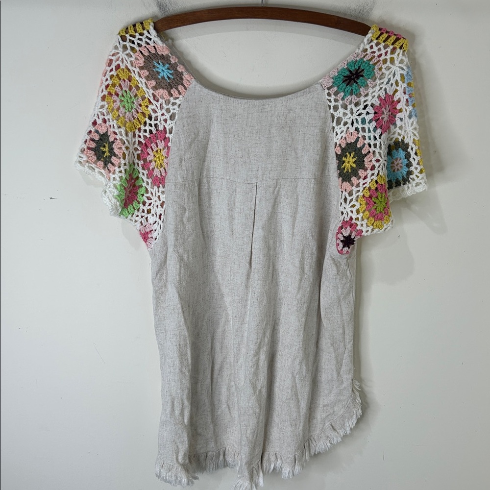 UMGEE Frayed Hem Linen Blend Colorful Crochet Sleeve Boho Tunic Top Size Small - Picture 5 of 14
